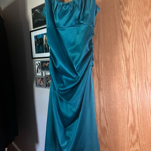 $140 Suzi Chin for Maggy Boutique teal cocktail dress with ruching. Sz 8 or 10 - Picture 2 of 12